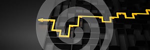 Concept - solving a complex problem. Black maze and floor with yellow solution path with arrow