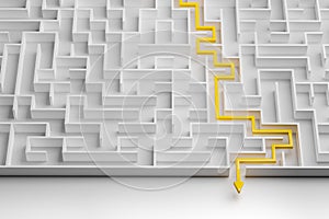 Concept - solving a complex problem. White maze with yellow solution path with arrow