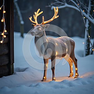 A sparkling litup reindeer amidst a wintry setting