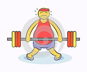 Concept of sport failure and defeat. Unsuccessful athlete. Man can`t get up with barbell. Hand drawn cartoon doodle vector illustr