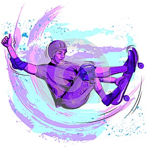 Concept of sportsman doing skateboard stunt