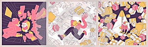 Concept square illustration about people suffering from ocd obsessive compulsive disorder and collection things and boxes. Pink