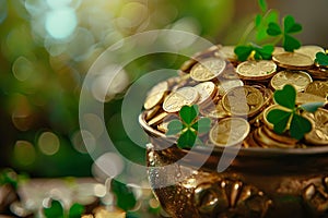 Concept St, Patricks Day, Pot Pot of gold coins with shamrocks symbolizing St Patricks Day luck