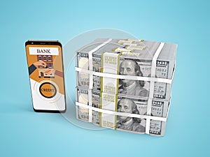 Concept stack of dollars in bank loan through smartphone 3d render on blue background with shadow