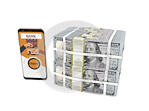 Concept stack of dollars in bank loan through smartphone 3d render on white background no shadow
