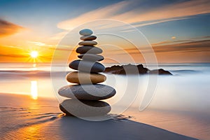 Stack Of Zen Stones On Pebble Beach At Sunset. Post-Processed. Generative AI
