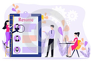 Concept of staff recruitment or employee hiring. Office workers standing in front of list of job applicants. Recruitment or