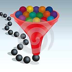 Concept of standardization, with balls of different colors that all become identical when they come out of a funnel.