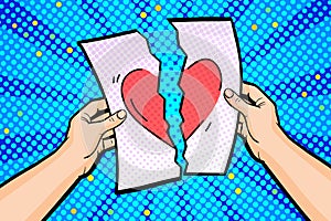 Concept of a star-crossed love affair in pop art style. Hands hold a torn sheet of paper