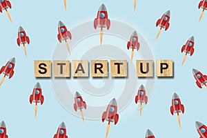 Concept Start Up. A lot of red rocket on a gray background. The concept of technology startup project. Business. Projects