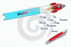 Concept Start Up. Rocket with a banner on the background of a white sheet with different keywords. copy space. Business.