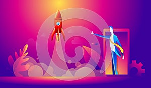 Concept of startup. Cartoon happy business people thumb up for rocket launch. Flat design, vector illustration