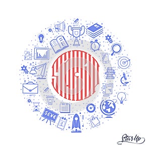 The concept of a startup. Lettering in the circle of icons business themes - doodle linear style.