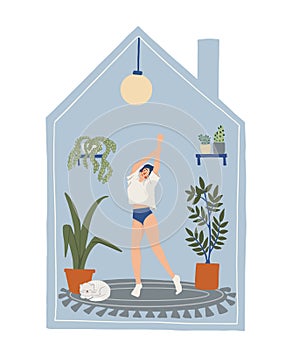 Concept of Stay home, stay happy and enjoying life. Vector illustration of woman that dancing, doing exercise, listen to music in