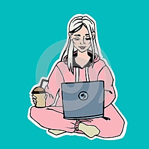 Concept sticker - work and study online, girl on laptop studying, working, work and study at home, vector .