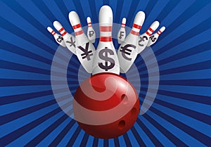 Concept of a stock market collapse and an economic crisis with the symbol of the bowling strike.