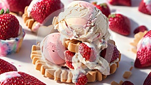 Strawberry And Vanilla Ice Cream Melted With Sprinkles On Wafer Background. 3d Model And Illustration. Generative AI