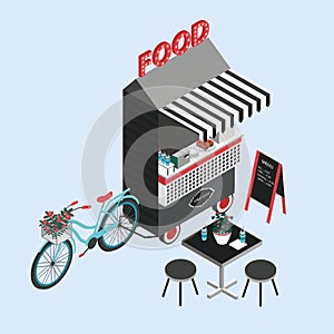 Concept of street food. Bicycle kiosk, foodtruck, portable cafe on wheels. Isometric illustration with fastfood point of