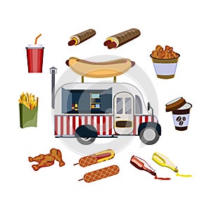 Concept on street food, hot-dogs. Set with car and fastfood