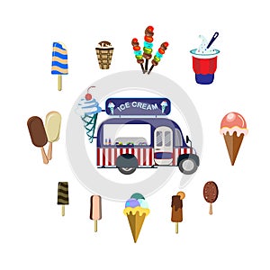 Concept on street food. Set with car and ice cream