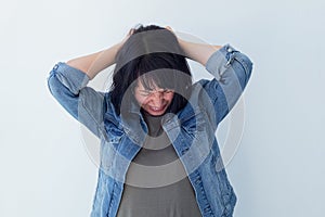 Concept of stress woman head shot on white background