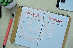 Concept of Struggle and Surrender write on paperwork isolated on Wooden Table