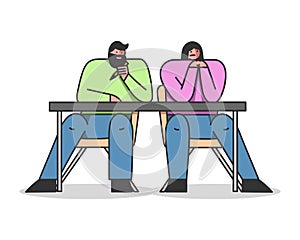 Concept Of Studying And Education. Man And Woman Students Are Sitting At Desk Learning, Communicating