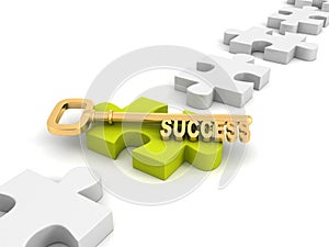 Concept success golden key on green jigsaw puzzle