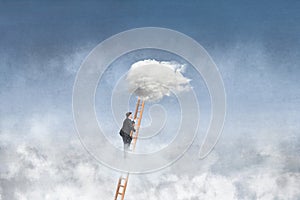 Concept of success, surreal businessman reaches the highest step up to the sky