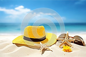 Concept summer beach holiday. Beach accessories - straw hat, glasses, starfish, yellow flip-flops on the sandy tropical beach agai
