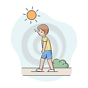 Concept Of Summer Hot Period. Man Weary From Heat Is Walking Down The Street In The Park Under the Scorching Sun