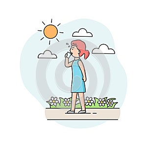 Concept Of Summer Hot Period. Woman Weary From Heat, Walk Down The Street, Drink Cold Drink, To Cool Off In Hot Summer
