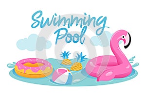 Concept Of Summer Vacations. Cute Inflatable Pink Flamingo With Ball, Rubber Ring In The Swimming Pool. Toys For Active