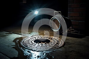 Sump pump manhole with water backup viewed with a flashlight. Generative AI