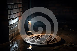 Sump pump manhole with water backup viewed with a flashlight. Generative AI