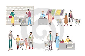 Concept for supermarket or shop. Set with buyers characters at the cash register, near the racks, weighed goods, people photo