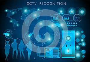Concept of surveillance technology, CCTV with detection screen and futuristic interface