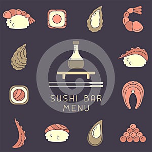 Concept of sushi bar menu with asian dishes elements