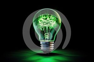 Concept of Sustainable, renewable energy with glowing green light bulb futuristic glowing style on dark background