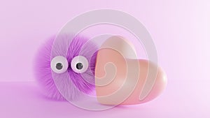 The concept of a sweet heart. the furry creature snuggles up to the heart. cute picture of lovers purple