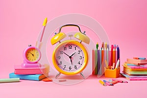 Education background college table clock pen office studying concept pencil school