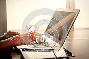 Concept of target focus digital diagram 2018,graph interfaces,virtual UI screen,connections netwoork.Hipster finance analyst work