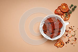 Concept of tasty food - sun-dried tomato, space for text