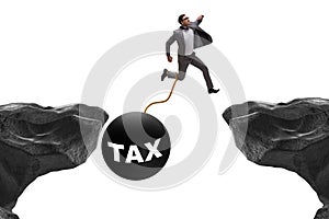 Concept of tax burden with businessman over chasm