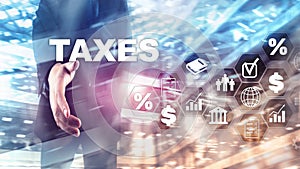 Concept of taxes paid by individuals and corporations such as vat, income and wealth tax. Tax payment. State taxes. Calculation