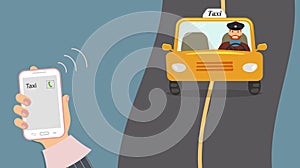 Concept of taxi services. Mobile phone in cute female hand with a taxi call on the screen. Yellow cab with a taxi driver rides on