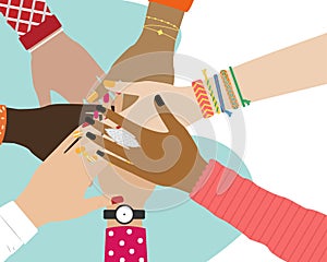 Concept of team work. Friends with stack of hands showing unity and teamwork, top view. People putting their hands together