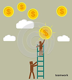 The concept of teamwork. Businessman takes a coin from the sky.