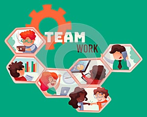 Concept of teamwork in office, honeycombs with business people working in office, green background