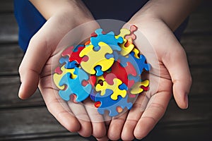 Concept of teamwork and problem-solving with a man holding colorful jigsaw puzzle pieces